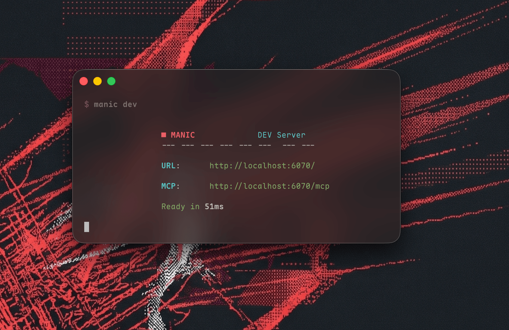 Terminal showing the Manic dev server starting.